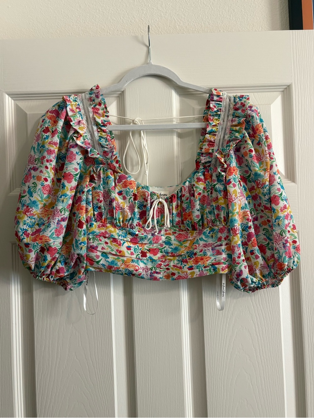 For Love And Lemons White Multicolor Floral Puff-Sleeve Crop Top